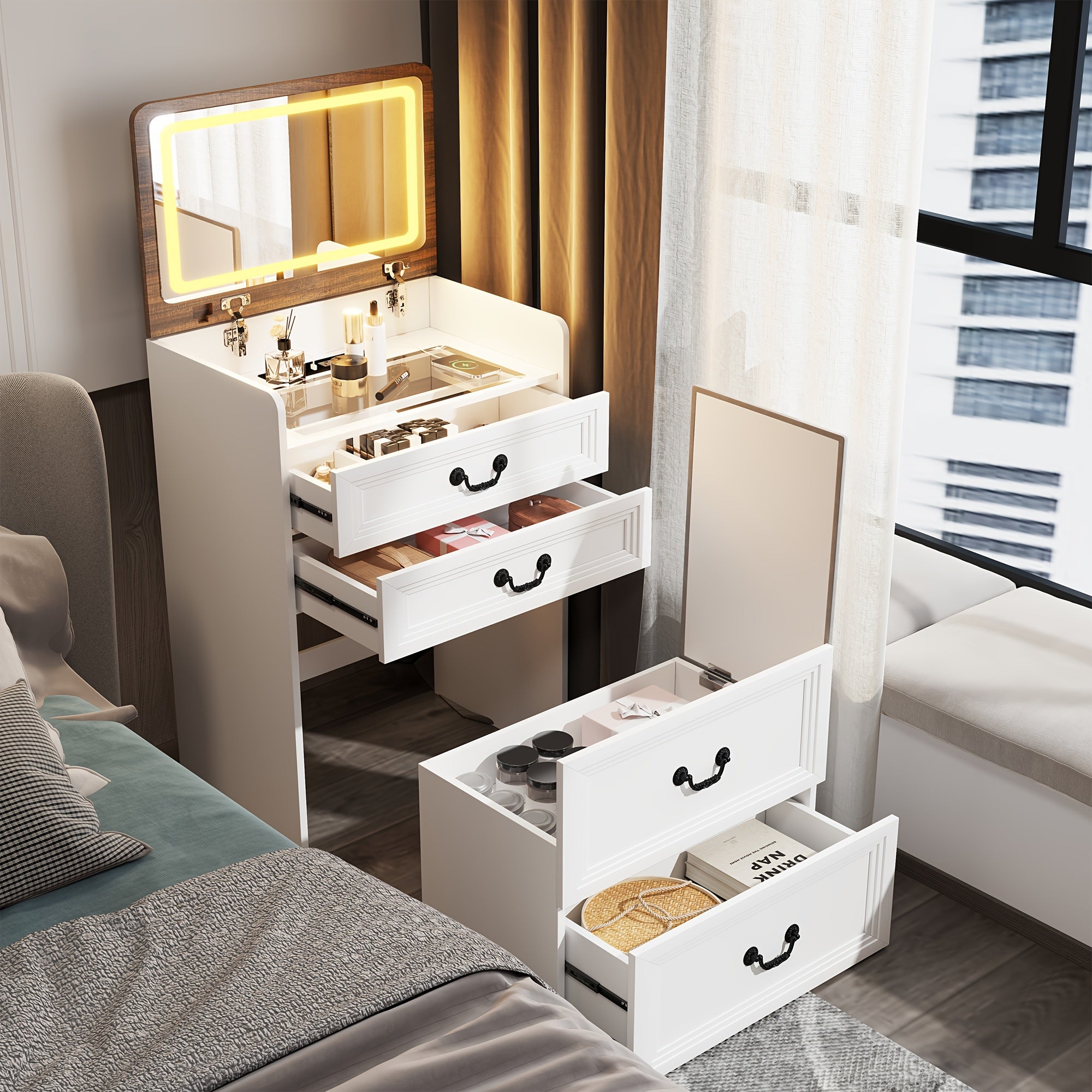 TEMU Hwb 3-in-1 Modern Compact Vanity Dresser With Flip-up Mirror, 3 Drawers & Upholstered Stool - Glass Top, Jewelry Storage, Mdf, Space-saving