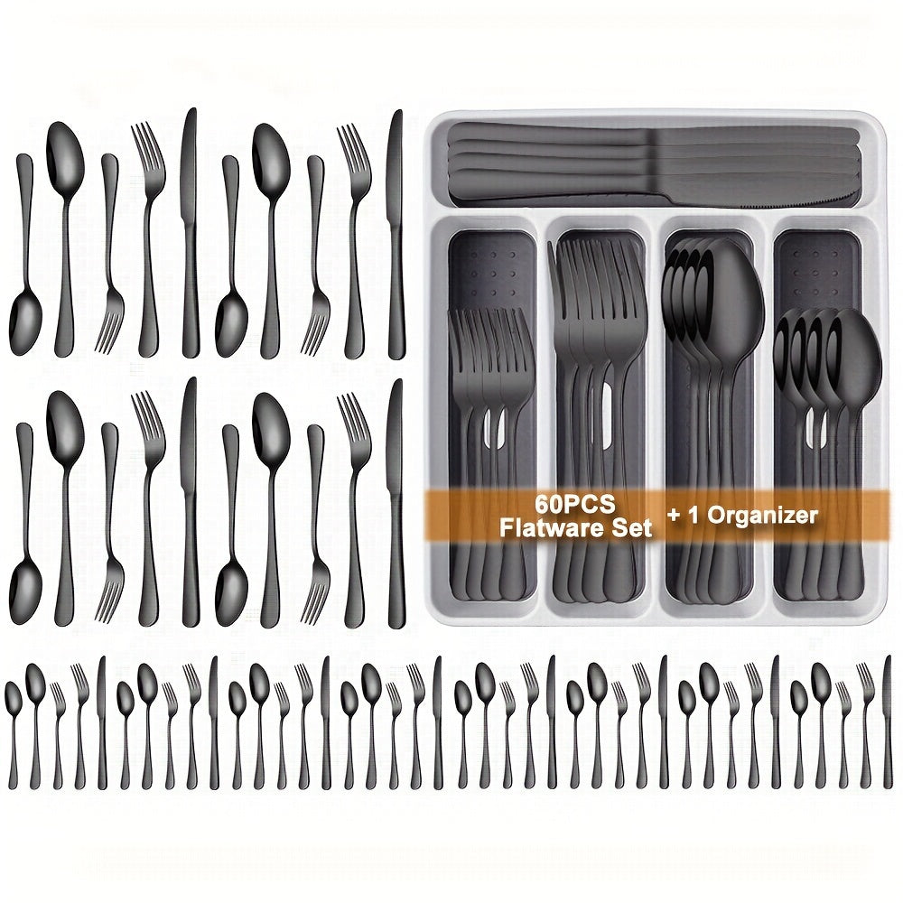 TEMU 30-61pcs Black Silverware Set With Organizer, Home And Kitchen Stainless Steel Tableware Utensils Set For 12, Included 12 Main Knives, 12 Main