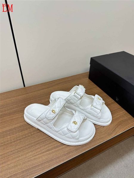 Luxury designer Dad Sandals White Patent and Mesh Canvas Flat Sandals Flat slide Slippers Shoes With Box