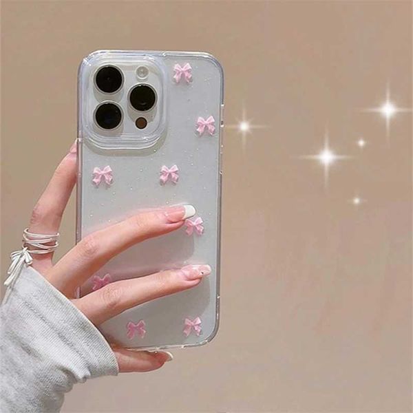 Cell Phone Cases Cute Pink Bowknot Phone Case For iPhone 16 15 14 13 12 11 Pro Max X XS Max MiNi Plus Korea Girl Soft Cover Epoxy Glitter Sh