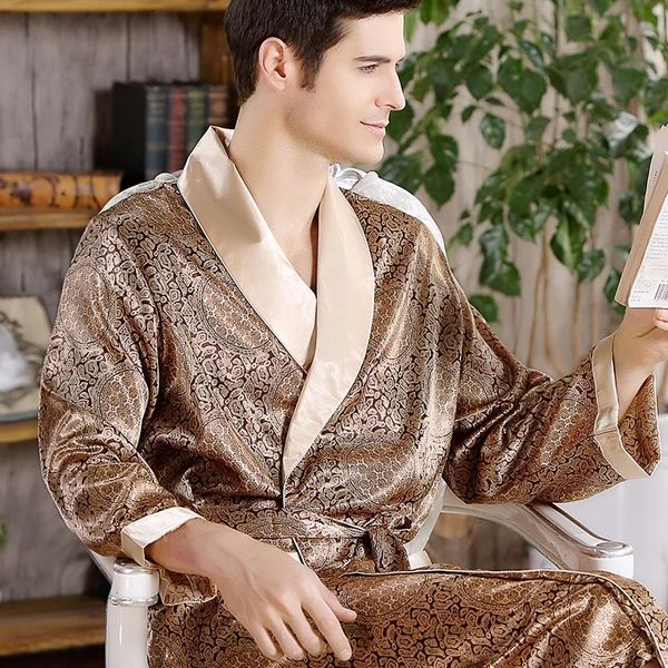Men Bath Robe Satin Print Gold Kimono Bathrobe Silk Long Dressing Gown Plus Size Sleepwear Geometric Lounge Nightgown XL 4Xl 5Xl