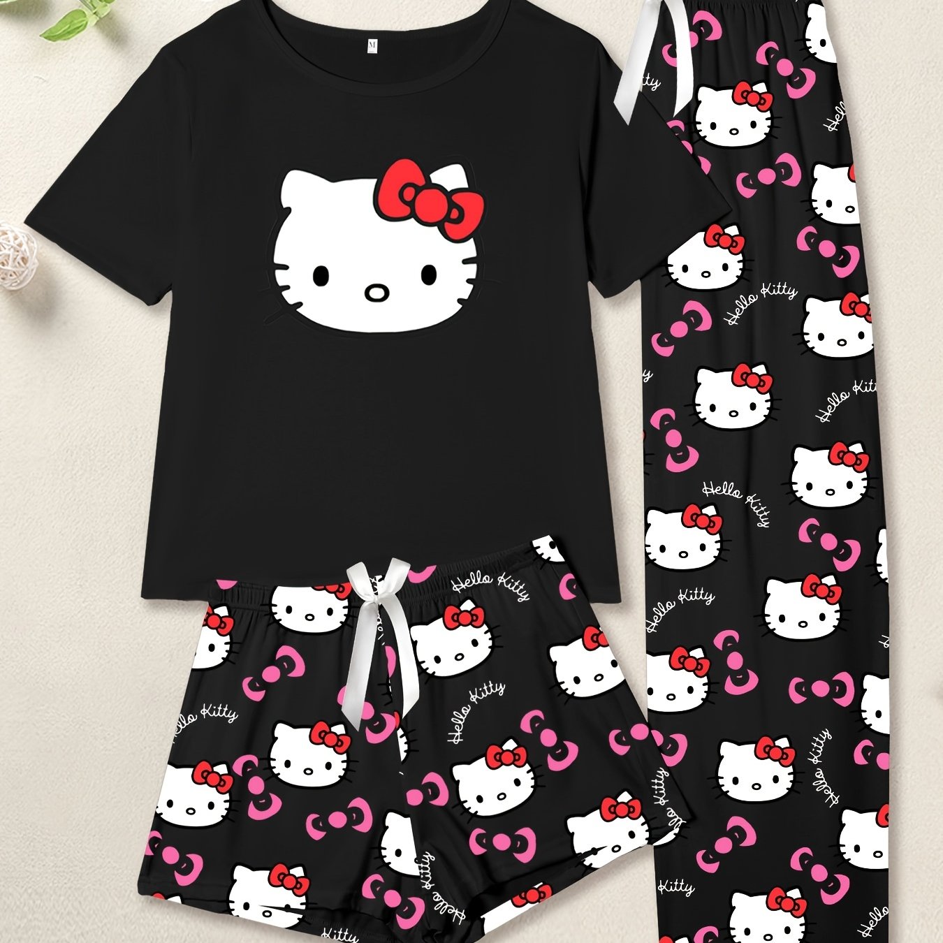 TEMU Hello Kitty Ladies Sleepwear, 3pcs Set, Long Pants Short Sleeve Top Short Pants, Polyester, Simple Crew Neck, Cartoon Pattern, -m² Knit Fabric,