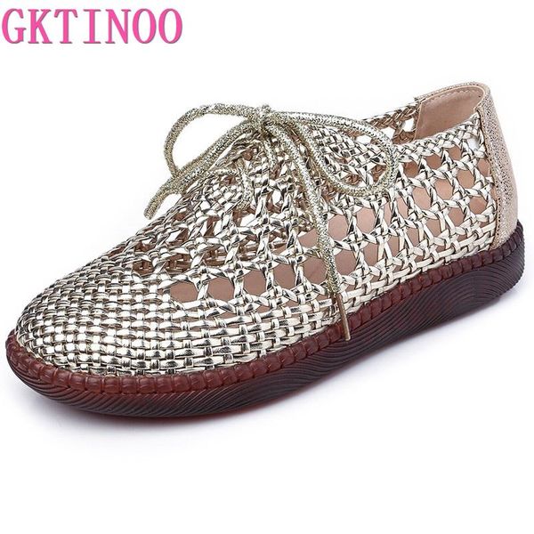 GKTINOO Large Size 2024 Genuine Leather Summer Sandals Breathable Hollow Flat Soft Non-slip Comfortable Sandalias De Mujer