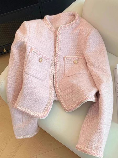 Pink Sweet Tweed Jacket Women Korean Fashion O-Neck Short Outerwear Autumn and Winter Single Breasted Elegant Cropped Coat 240808