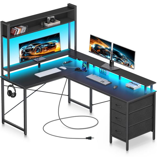 L Shaped Gaming Drawers Reversible Computer LED Lights Power Outlet Home Office Monitor Stand Hook Corner Desk with Storage Shees Z018