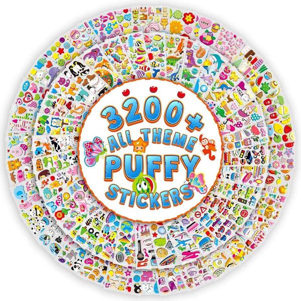 Kids, 3D Puffy Stickers, 64 Different Sheets, 3200+ Cute Animals Stickers for Boys Girls Teachers, Classroom Reward, Craft Scrapbooking, Par