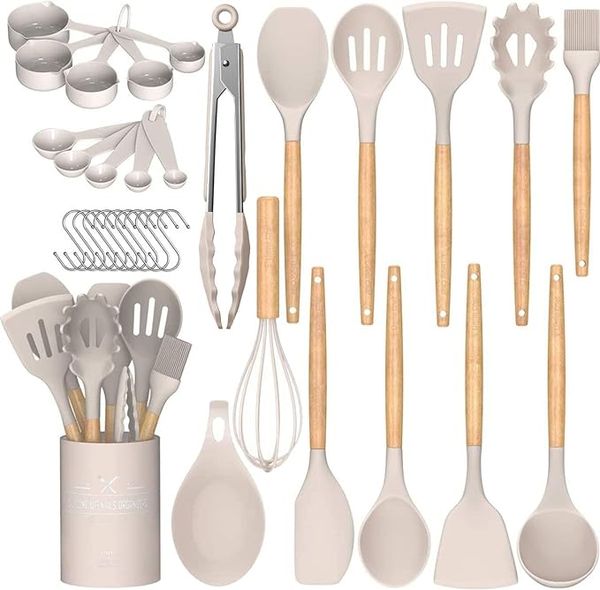 Kitchen utensils set, 21 pieces of wooden and silicone cooking, non stick and heat-resistant kitchen small tool set