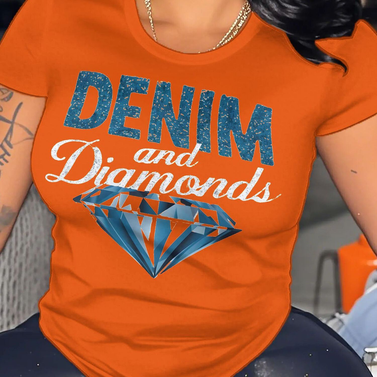 TEMU [christmas] Women's Casual Denim And Diamond Pattern Print T-shirt- Round Neck, Fashionable Ladies Clothing, Lightweight & Breathable, Clothing