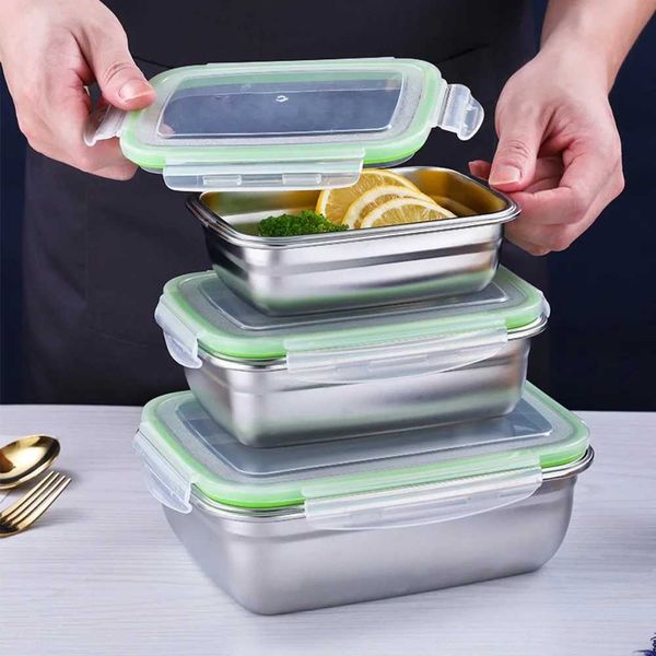 304 Stainless Steel Fresh-keeping Box Rectangular Leak Proof Food Storage Container with Sealed Lid Lunch Box RefrigeratorM240807