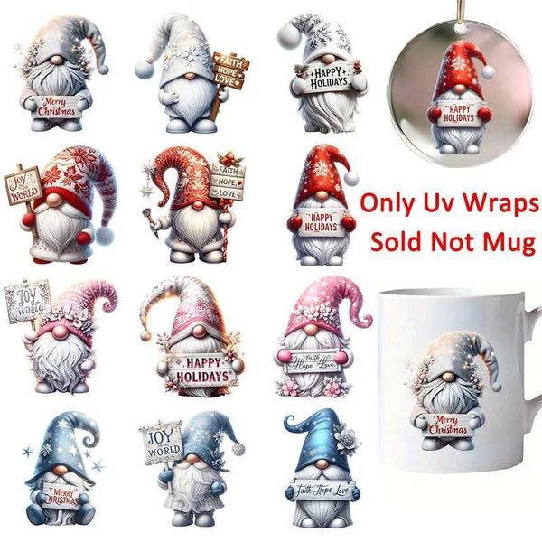 12pcs Christmas Gnome UV DTF Cup Wrap Transfer Sticker Glass Coffee Mugs Decoration Winter Xmas Decor Greeting Cards DecalXJ241114
