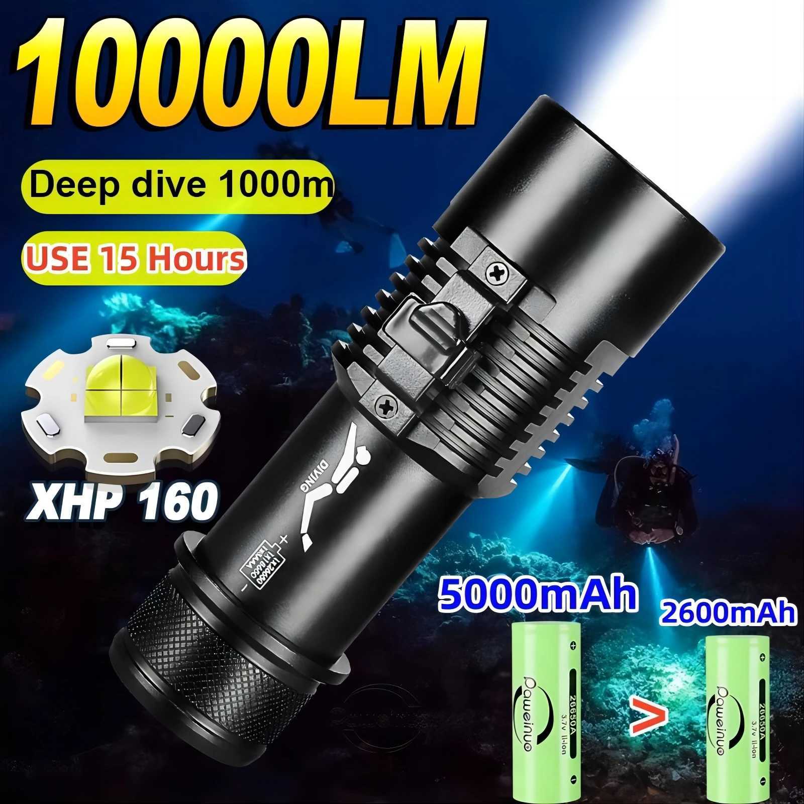 10000LM XHP160 LED High Power Torch IPX8 Professional Diving Flashlight 5000mAh Underwater Lantern Scuba Waterproof Lamp Y240913