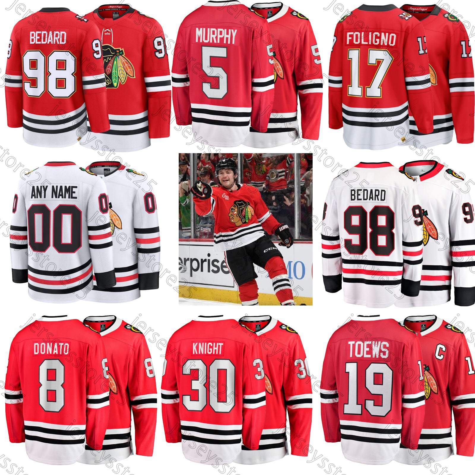 Connor Bedard Chicago hockey jersey Blackhaw Nick Foligno Ryan Donato Connor Murphy Sam Lafferty Andre Burakovsky Connor Murphy Teuvo Teravainen Chi