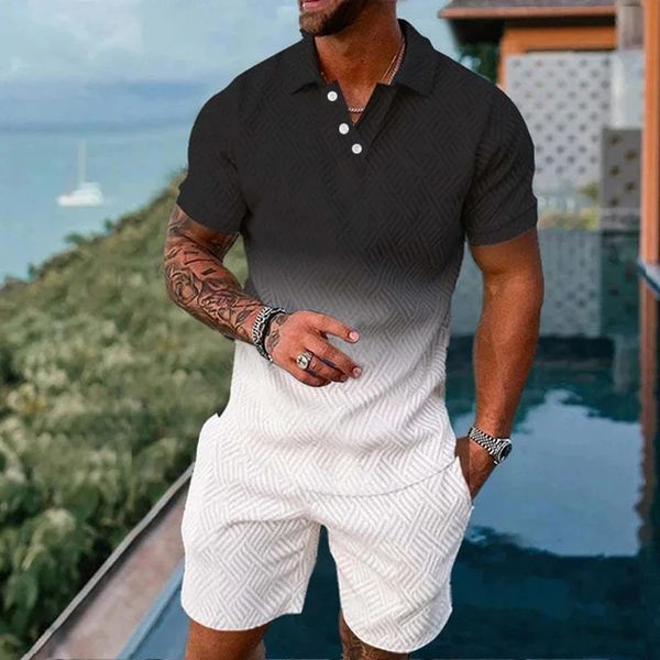 Summer Men Suit 3D Printed Colourful Gradient Polo Shirt Shorts Two Piece Set Soft Fashion Casual Clothing Tracksuit 240514
