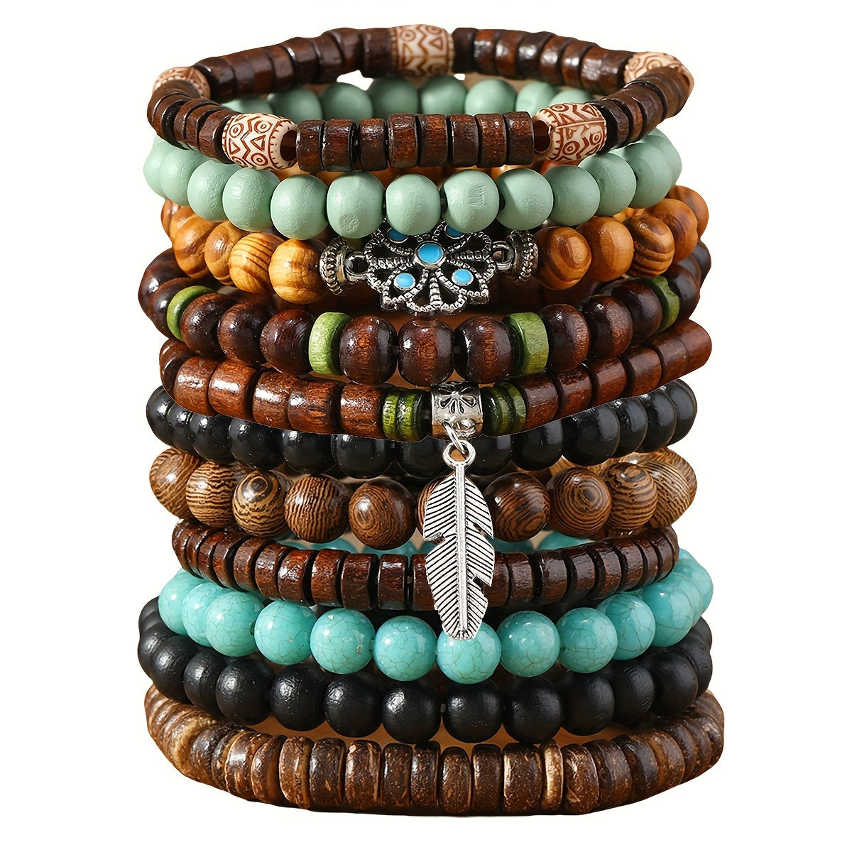 TEMU 11pcs Bohemian Style Wooden Bead Bracelet Set With Turquoise And Brown Beads, Pendants, And Leaf Charms - Perfect For Christmas, Halloween, New