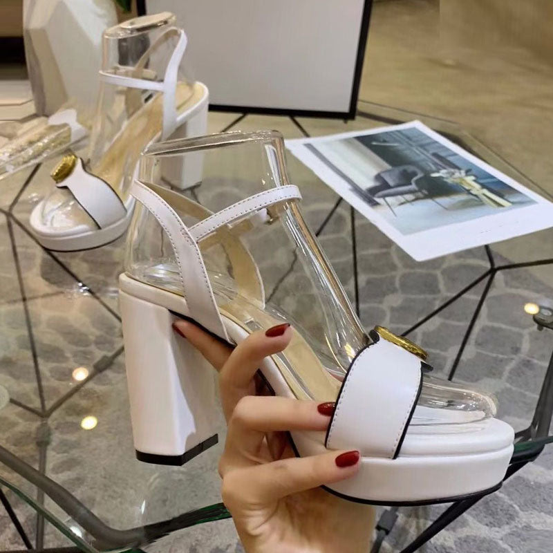 Sandals leather super high heels designer open toe summer fashion waterproof platform office wedding shoes rough fish mouth temperament FAIRY DRESS