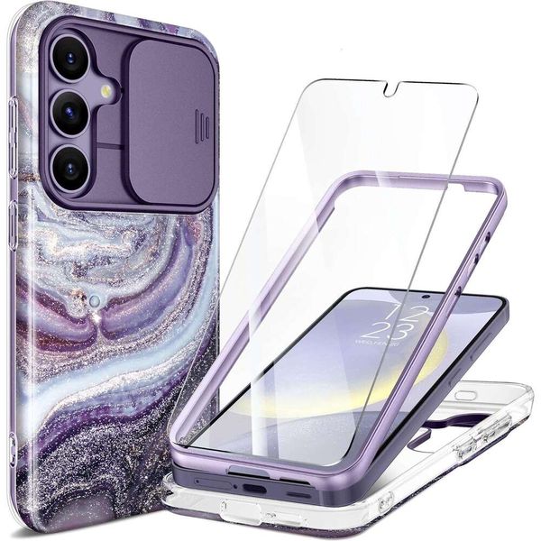 Samsung Galaxy S24 Case with Slide Camera Cover+Screen Protector,10FT Drop ProtectionMarble Full Body Shockproof Protective Phone Cover for