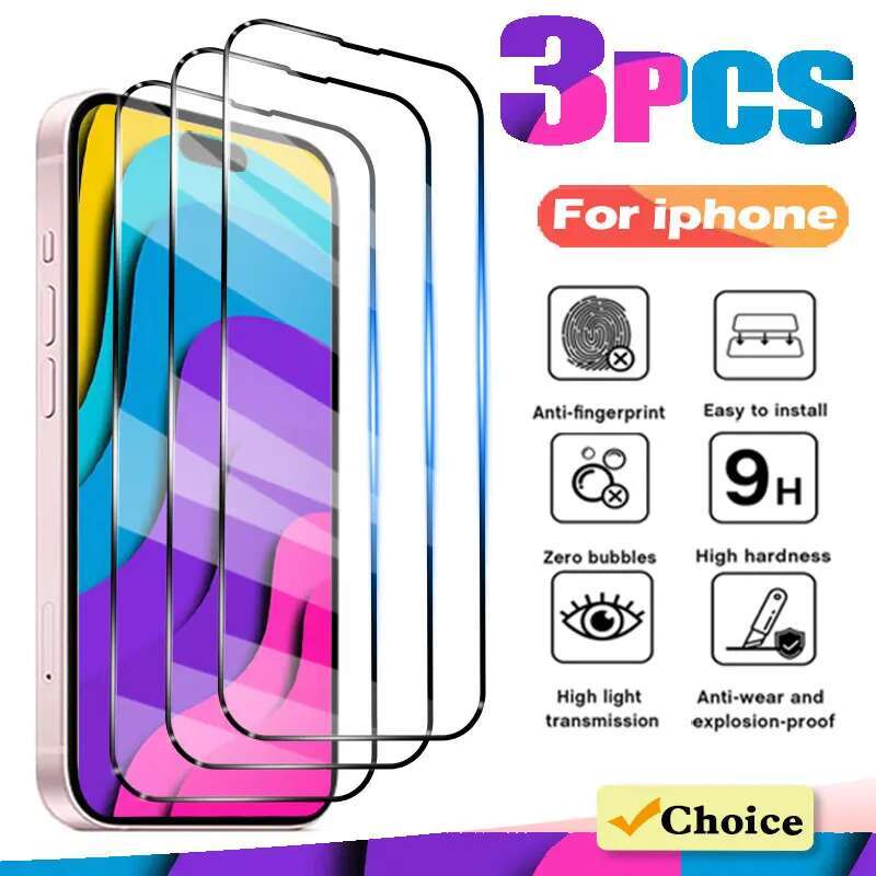 3Pcs Full Cover Tempered Glass Apple 13 11 12 14 Pro Max 15 Plus Screen Protector For iPhone X XR XS Protective Film