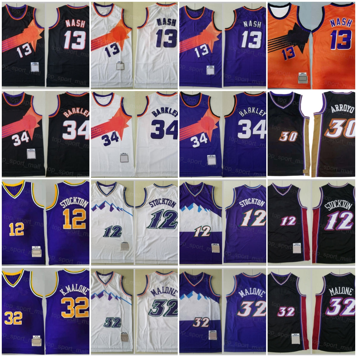 Throwback Vintage Basketball Jersey John Stockton 12 Karl Malone 32 Steve Nash 13 Charles Barkley 34 Carlos Arroyo Mens Retro Sport Shirt Uniform Pu