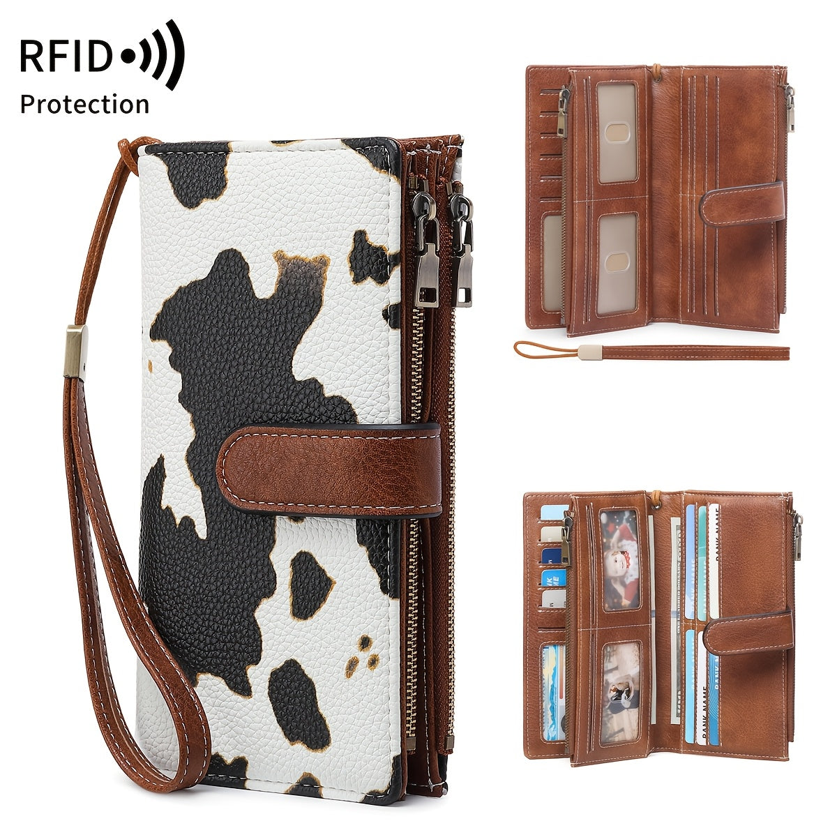 TEMU Miyin Rfid Blocking Vintage Cow & Leopard Print Women's Wallet - Large Capacity Zipper Pockets, Wrist Strap, Credit Card Holder & Passport