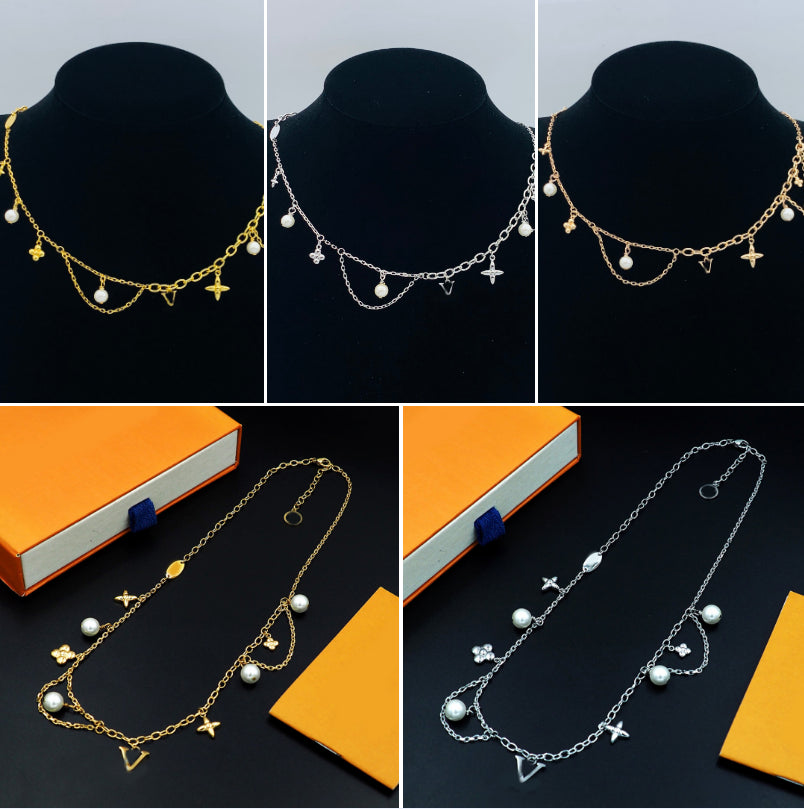 Designer Necklace Luxury Pearl Charm Clover Pendant Necklace Gold Silver Plated Tassel Chain Necklace Bohemia Chokers Statement For Women Men Jewelr