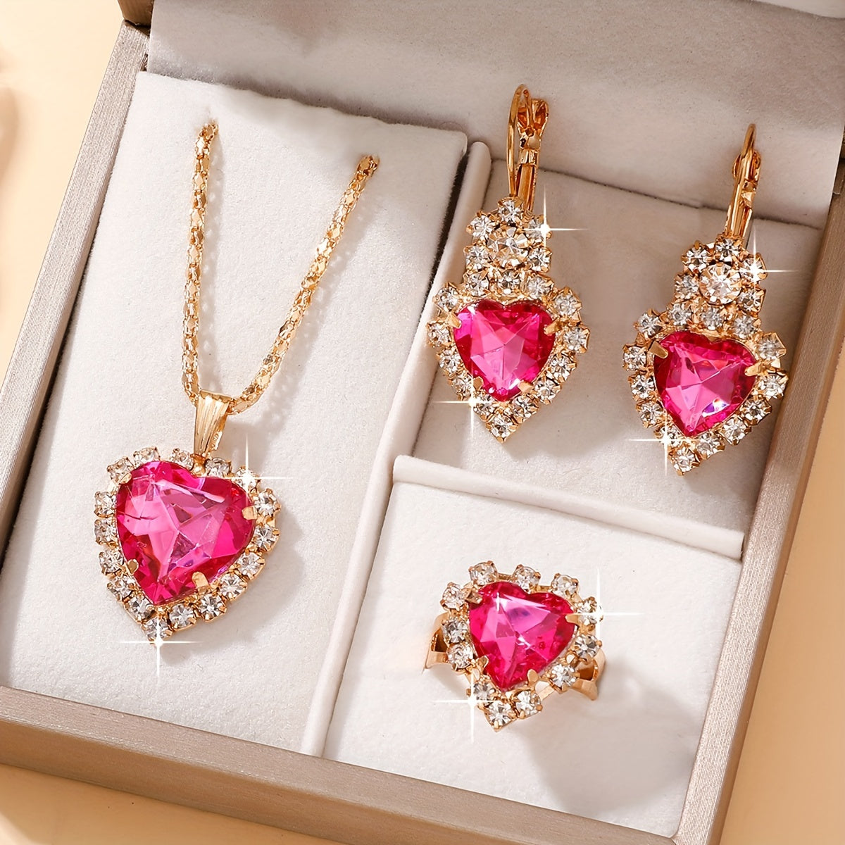 TEMU Elegant 4-piece Jewelry Set For Women, Heart-shaped Pendant, Necklace, Earrings & Ring, Daily Wear Gemstone Ensemble