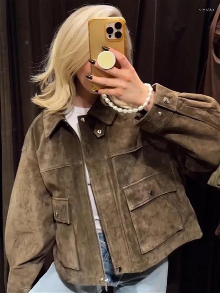 Women&#039;s Jackets Retro Turn-down Suede Collar Cropped Jacket Coat Button-Down Up Loose Fit Short Outerwear Autumn Chic Female High Street