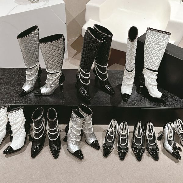 New Pearl Chain Ankle Boots Designer Women High Heel Boots Autumn And Winter Pump Dress Shoes Luxury Fashion Knee Boots Top Quality Leather