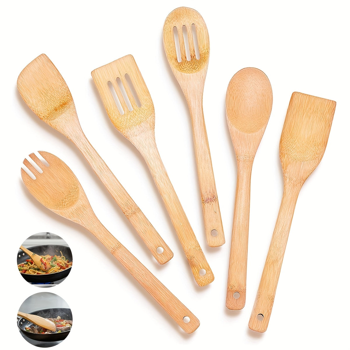 TEMU 6pcs Or 9pcs Natural Bamboo Wood Cooking Utensil Set - Nonstick Kitchen Tools With Slotted-flat-pointed Spatula, Ladle & Spoon - Bamboo Spatulas
