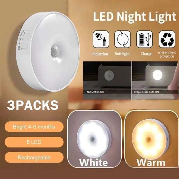 3pcs USB Rechargeable Motion Sensor LED Night Light Wall Decoration Bedroom Night Lamp Kitchen Cabinet Lights Child NightlightT250116