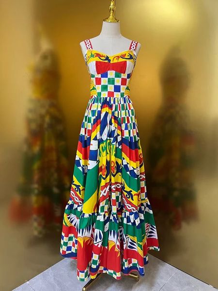 2025 spring womens retro geometric print material 5 meters top breast halter dress Fashion loose big swing pompadour skirt 241212