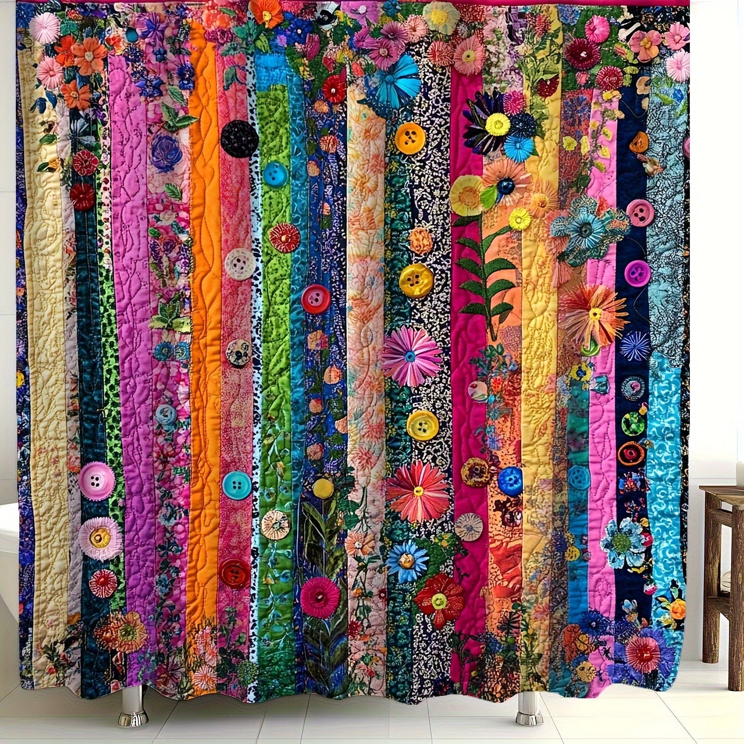 TEMU Vintage Striped Floral Print Shower Curtain With 12 Hooks - Colorful Polyester Window Curtains For Women's Showers, Machine Washable, Elegant