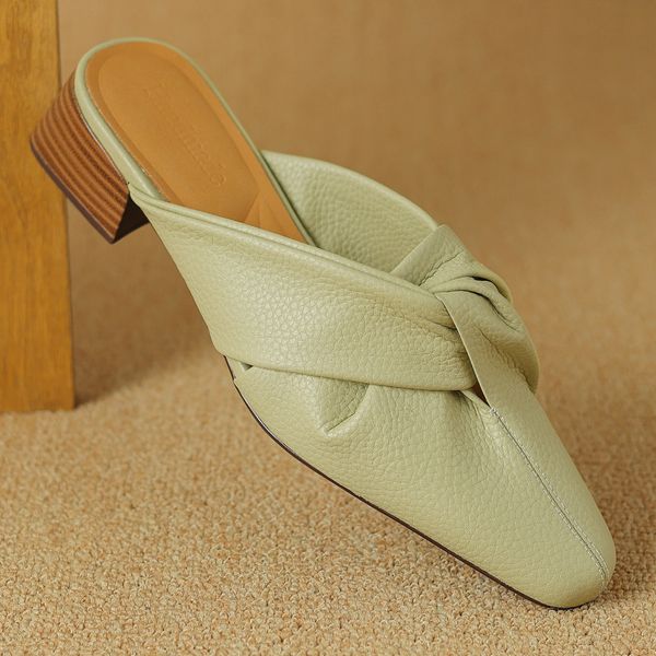 sheepskin Women&#039;s round toe slip-on 4cm thick low heel sandals soft comfortable elegant ladies daily casual shoes for woman sale 9cf4