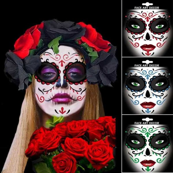 2pcs Halloween Face Tattoo Stickers Day of the Dead Glitter Temporary Tattoos for Wen Halloween Wedding Masquerade PartiesT250107
