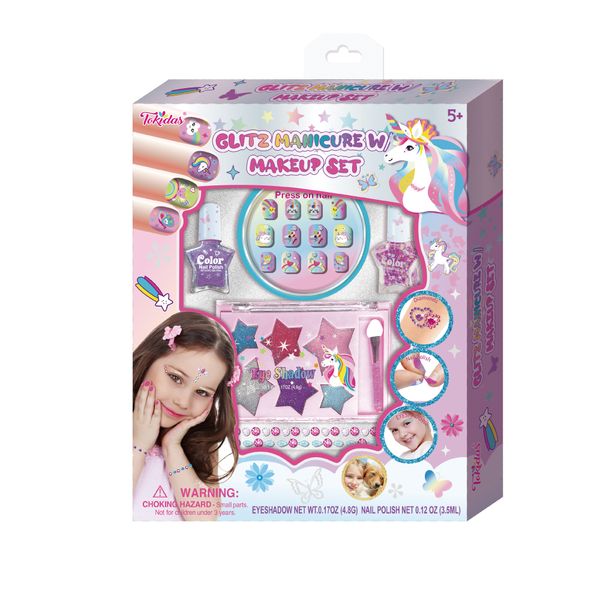 2024 Kids Makeup Set Glitz Manicure Makeup Set Press on Nails Nail Polish Glitter Eyeshadow Makeup Brush Kids Toys for Birthday Gifts