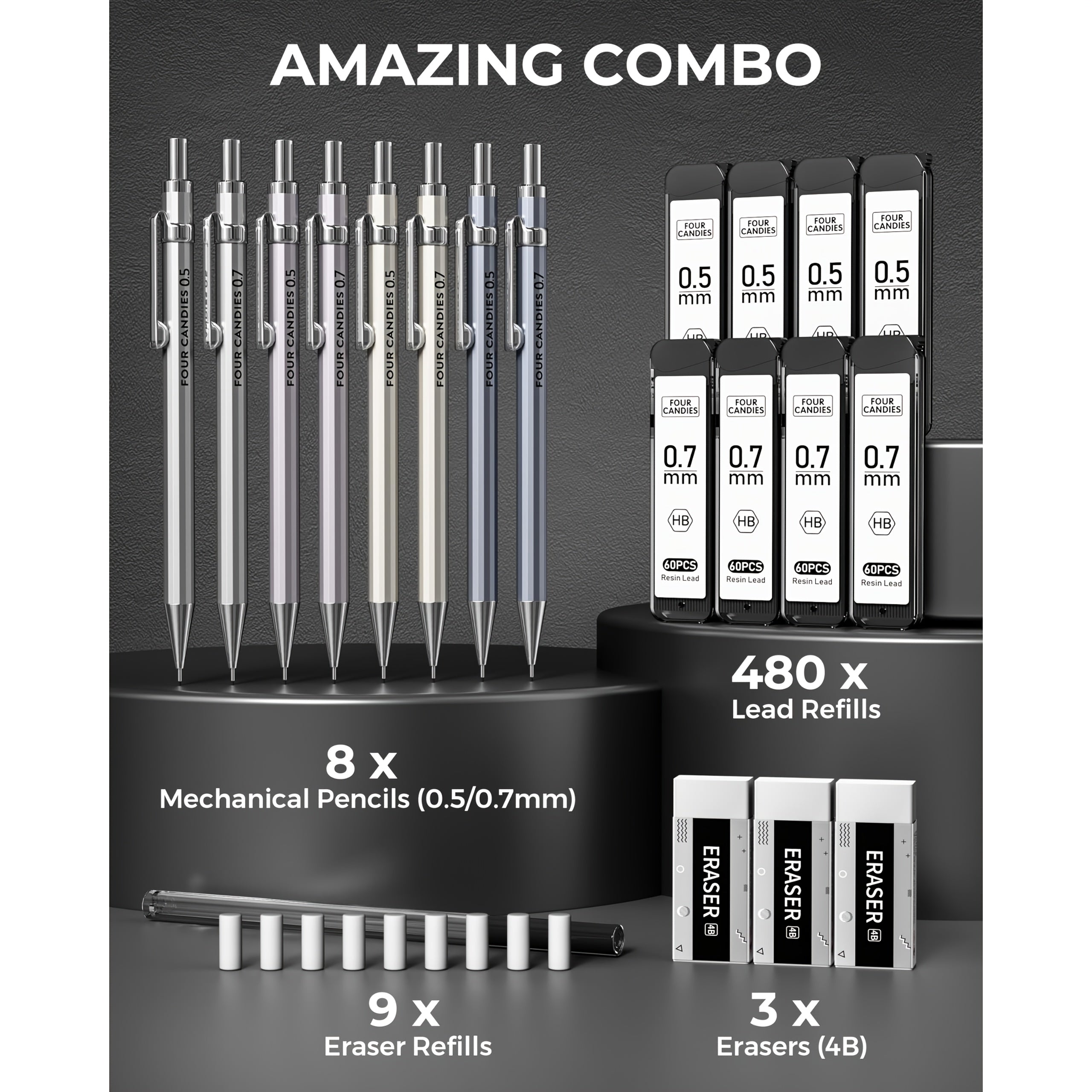 TEMU 4 Candies 8pcs Metal Mechanical Pencils - 0.5 & 0.7mm With 8 Tubes Hb #2 Lead Refills, Eraser Set And Eraser Refills, 20-count Pack With Case,