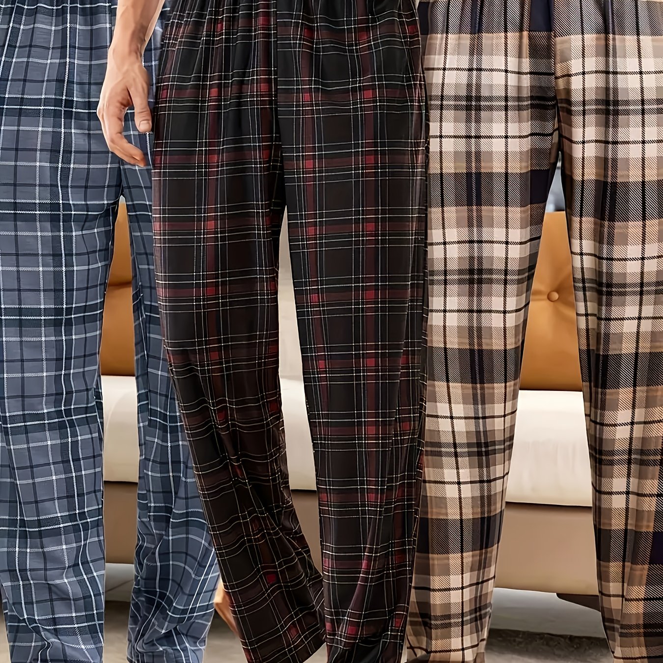 TEMU 3-pack Men's Soft Lounge Pants - Plaid Pajama Bottoms (red-black-blue), Elastic Waistband & Double Pockets - Loose-fit Sleepwear & Casual Pants