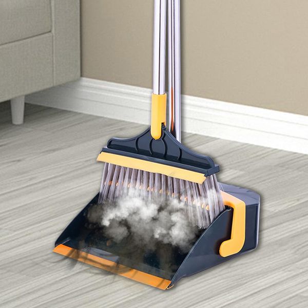 Floor Broom And Garbage Container Set For Cleaning Dust Adjustable Broom & Dustpan Set Upright With Extendable Broomstick #WO