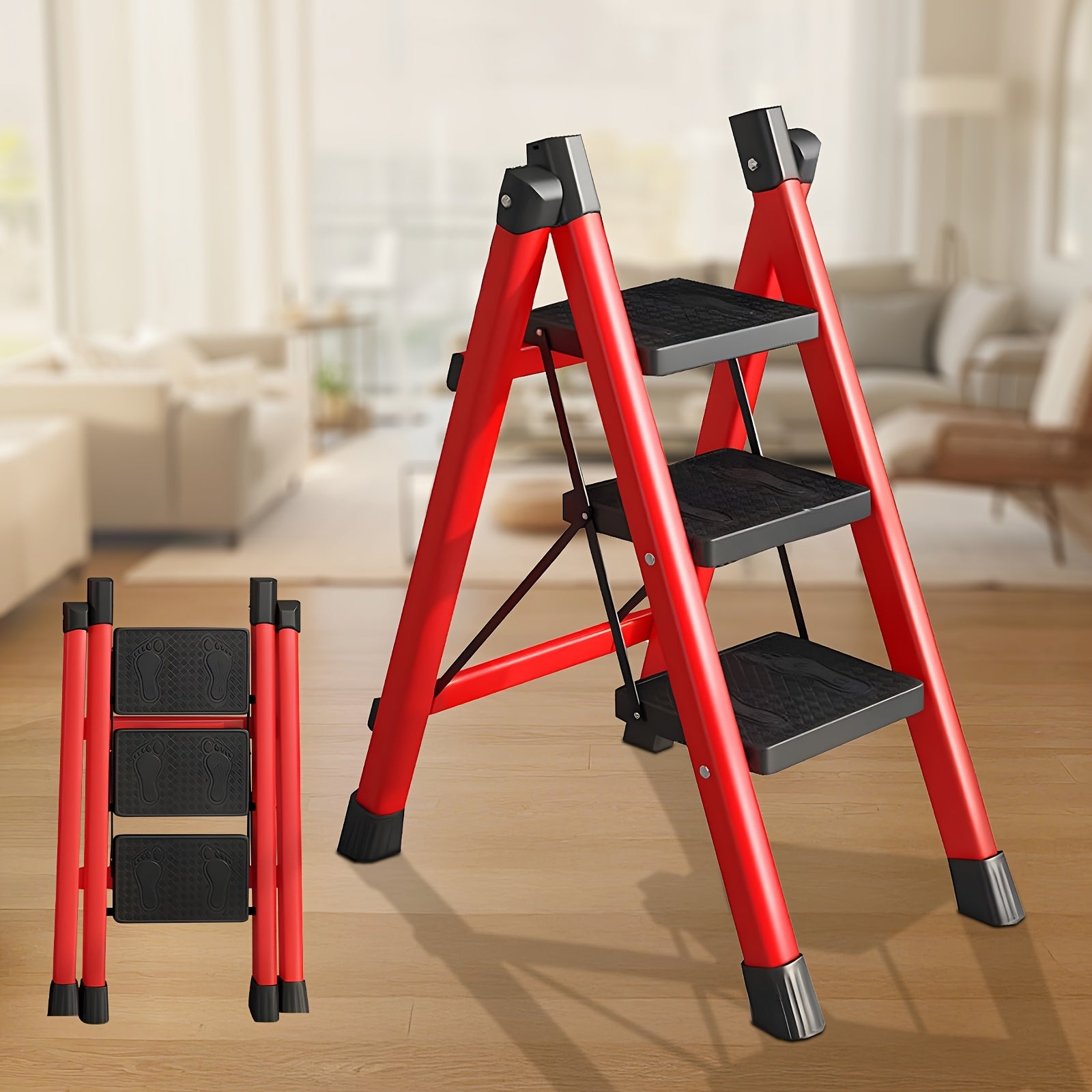TEMU 3-4-step Folding Ladder 660lbs Capacity Heavy-duty, Folding Step Ladder 5cm Ultra-thin Fold, Non-slip Textured Step Ladder With Safety Lock,