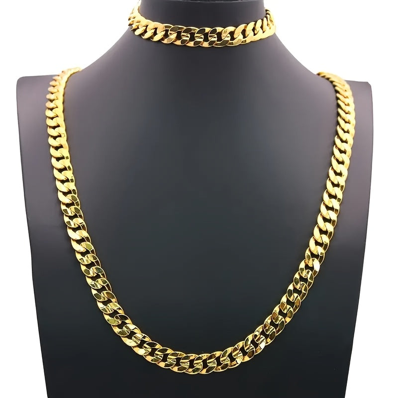 TEMU 1 Bracelet + 1 Necklace Trendy Cuban Link Nk Chain Jewelry Set, Hip-hop Style For Parties, Festivals, And Casual Attire