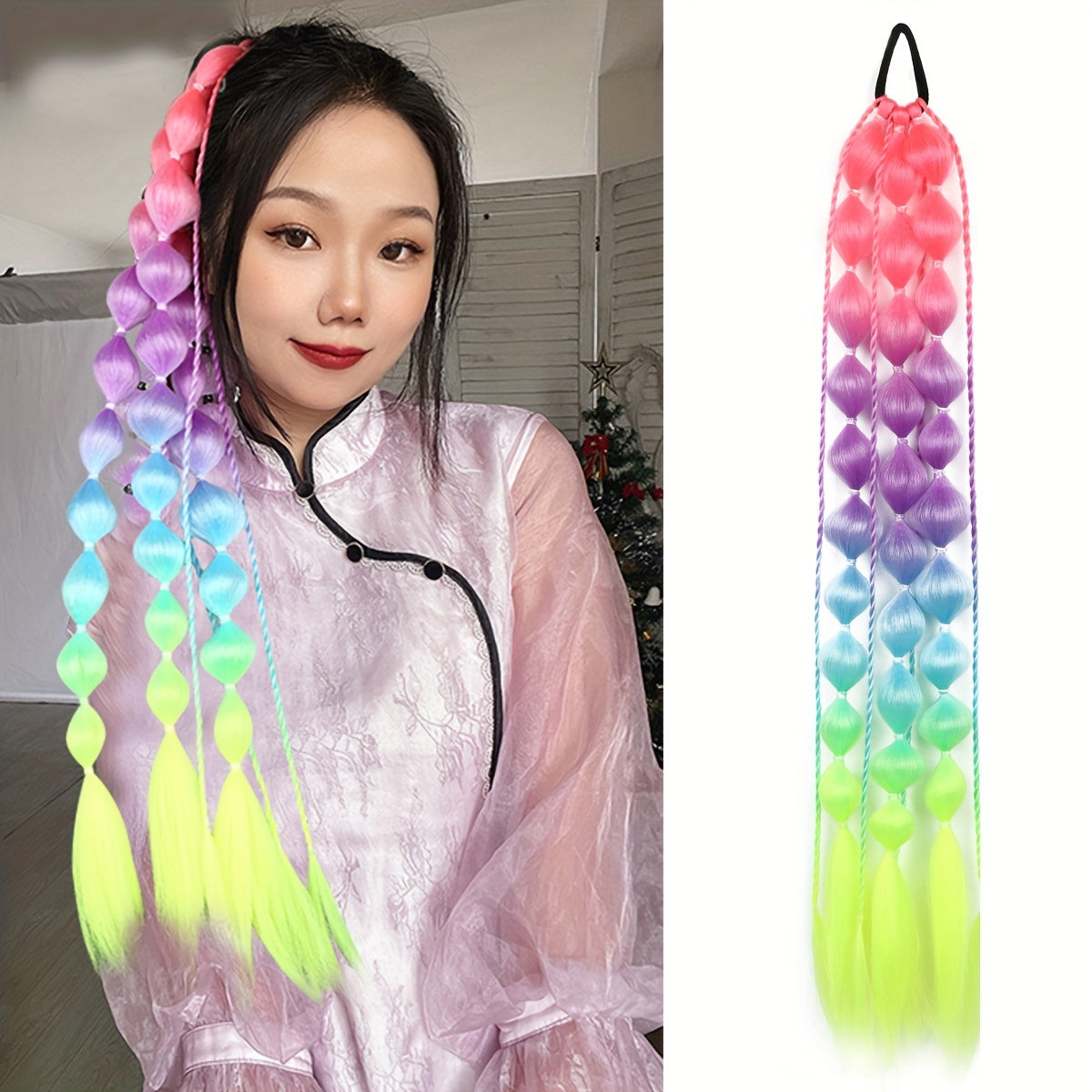 TEMU Halloween Party And Christmas 26-inch Festival Elastic Band Lantern Bubble Braided Synthetic Hair Purple Blue Gradient Pink Gradient Green