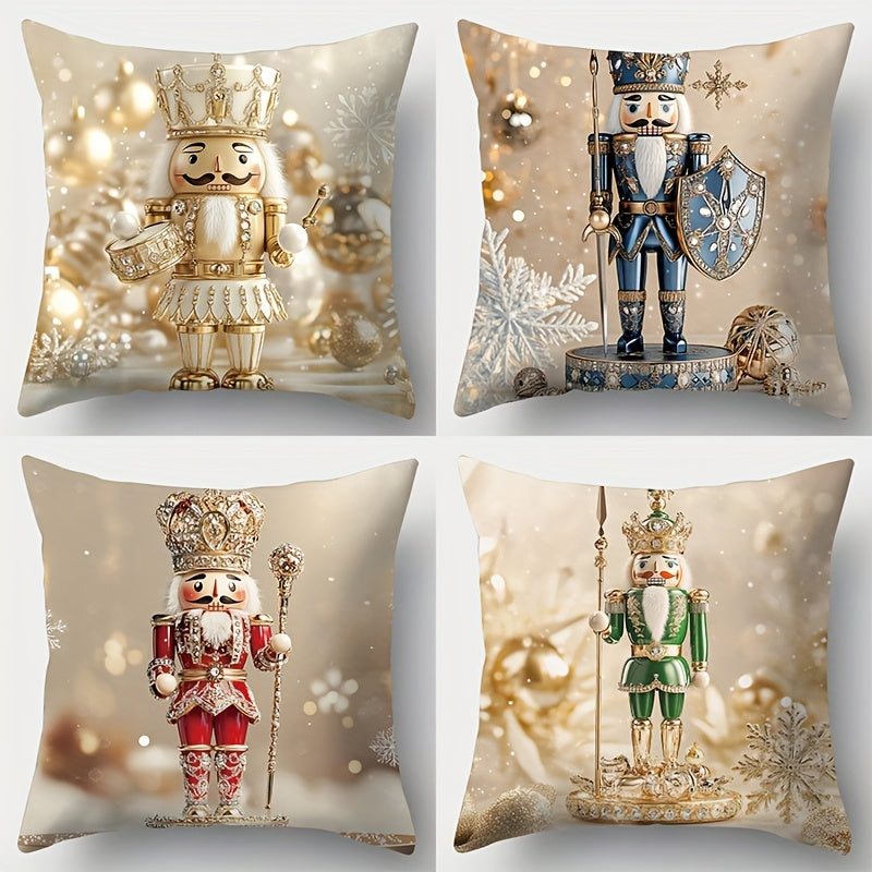 TEMU 4pcs Festive Nutcracker Pillow Covers, Contemporary Christmas Themed Printed Cushion Cases, Machine Washable, Zippered Polyester Decor For Room