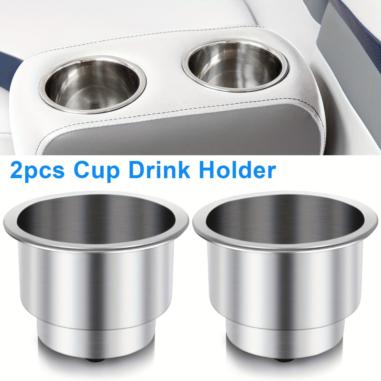TEMU 2pcs Stainless Steel Cup Drink Holders With Drain - Durable & -resistant, 4" Height, For Boats, Rvs, Trucks - On Dashboards, Tables & More