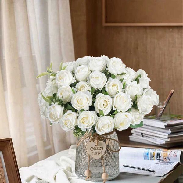 New Arrival Artificial Flowers Ten Head Silk White Rose Bundle Scrapbook Valentines Day Wedding Outdoor Garden Party Family Room Vase Decora
