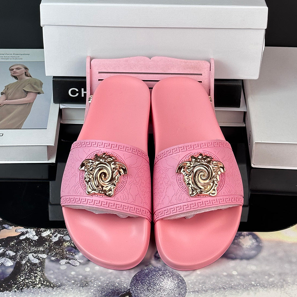 2025Men&#039;s Slippers and Women&#039;s Sandals Black and Pink Classic Designer Slide, Head Leather, Genuine Leather, Rubber Slippers