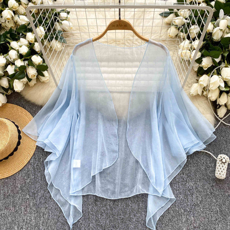 K1219 2025 Super Fairy Fashion Pure Color Mesh Cardigan Summer Loose Slim Sweet Shawl Sun Protection Top Air Conditioner
