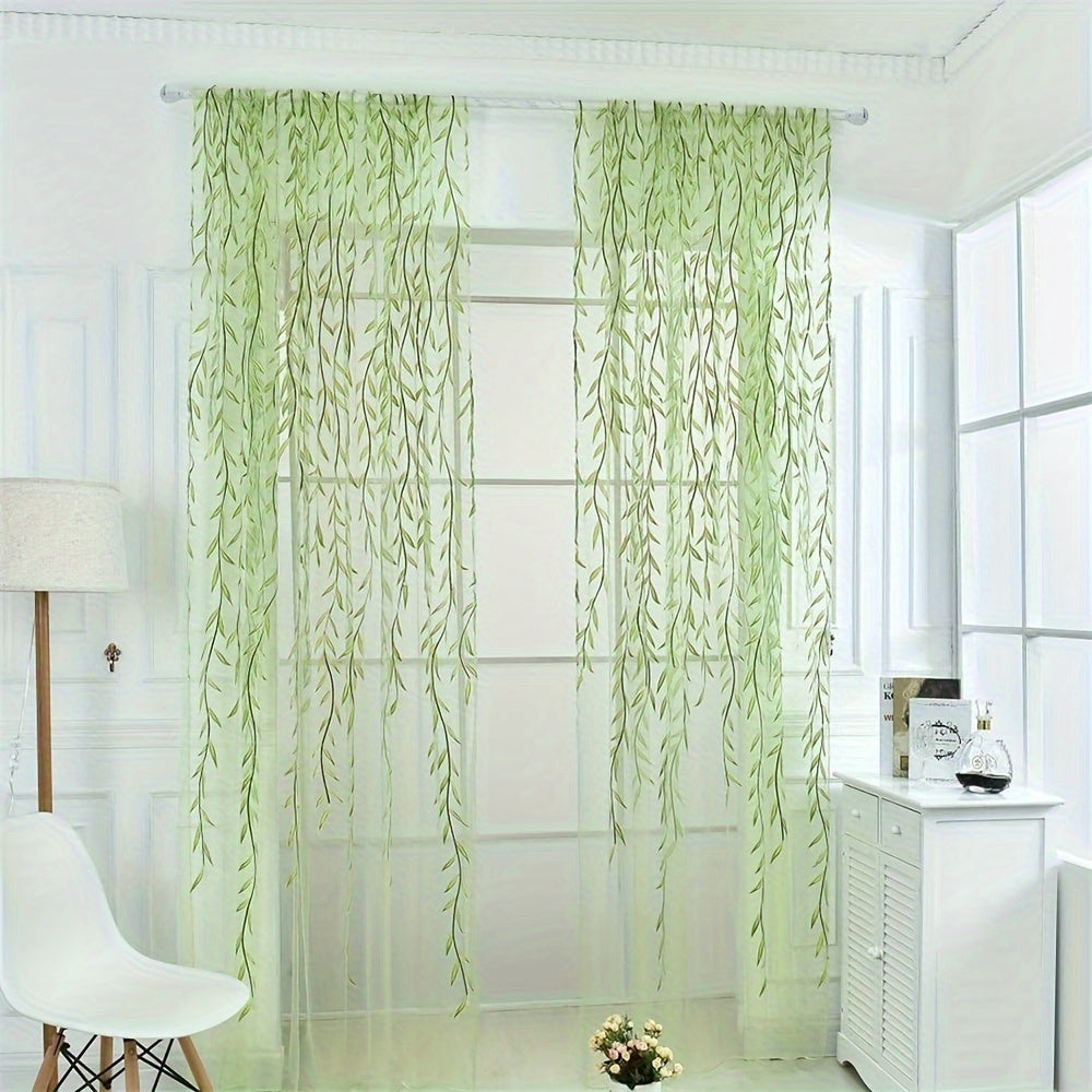 TEMU 2pcs Washable Tulle Curtains - Green Transparent Sheer With Vine Pattern For Living Room, Bedroom, Balcony - Lightweight Polyester Fabric, Rod ,