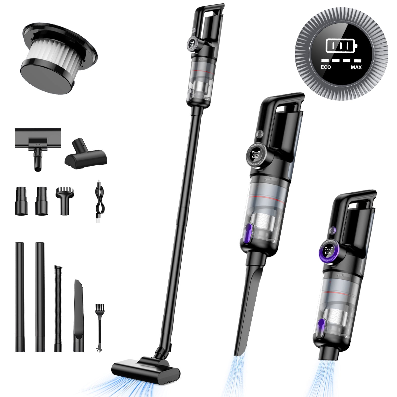 Cordless Vacuum Cleaner, 14000PA Powerful Stick Vacuum Rechargeable Dual-mode Handheld Vacuum Cleaners with Steel Dust Cup for Home-Pet Hair-Carpets