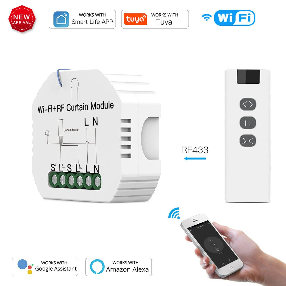Tuya WiFi Smart RF433 Blind Shutter Curtain Switch with Remote APP Timing Function Voice Control with Alexa Google Assis