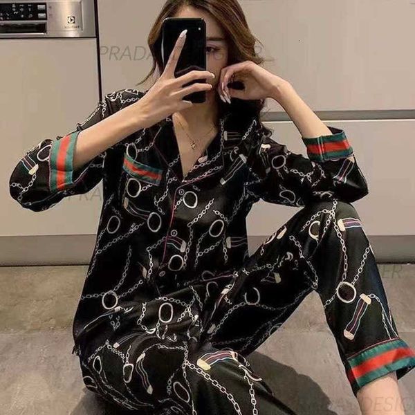 fashion Designer Women Sleepwear Spring and Autumn Ice Silk Pajamas Women&#039;s Summer Short sleeved Pants Simulated Silk Home Clothes Set