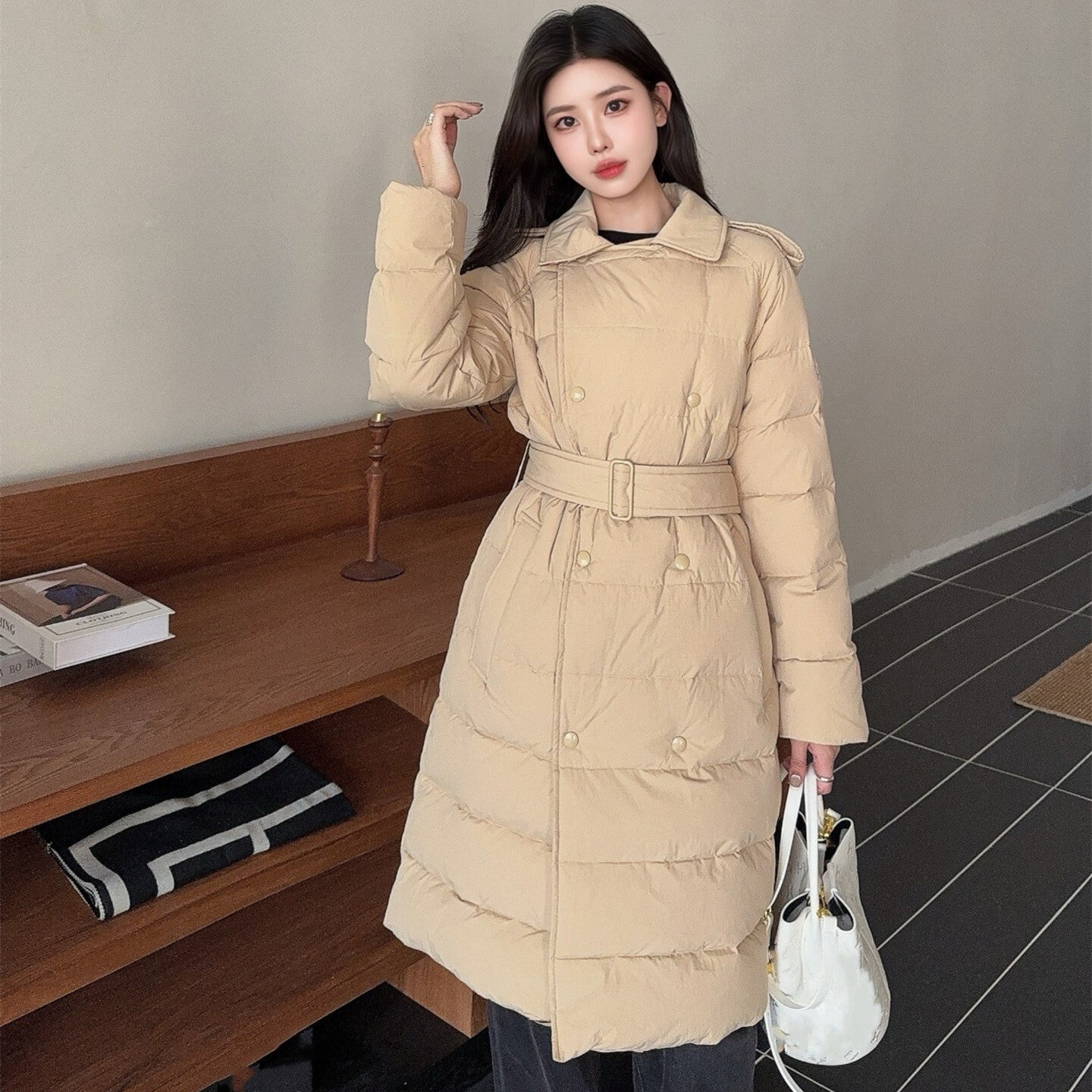 Womens Stylish Mid Long Down Coat Premium White Goose Down Filling Belted Slim Fit Lightweight Warm Elegant Puffer Jacket Fashion Outerwear